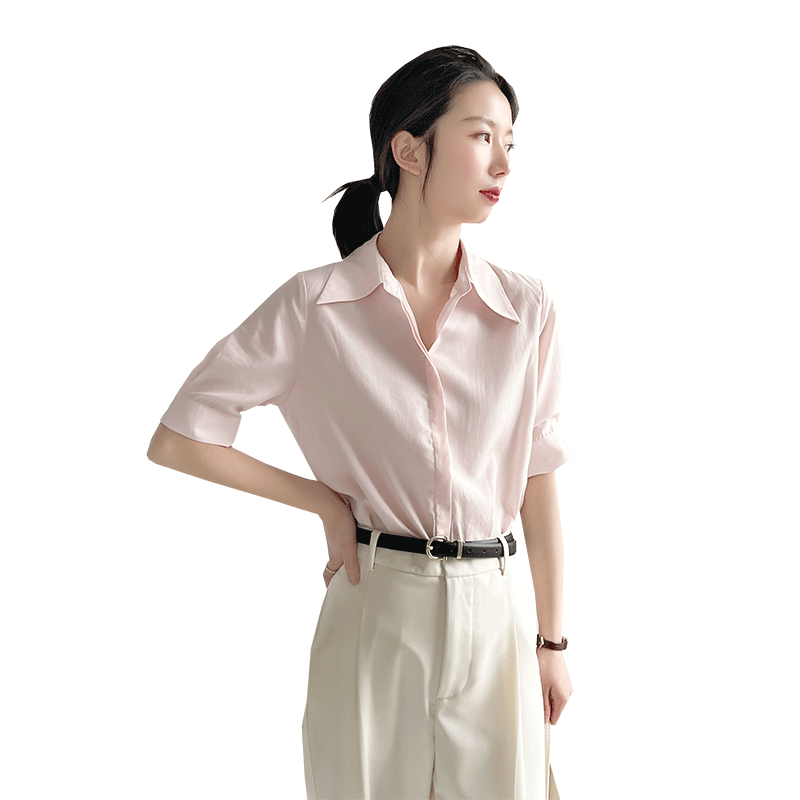 粉色短袖衬衫女夏高级感垂感时尚气质职业polo领套头通勤雪纺上衣