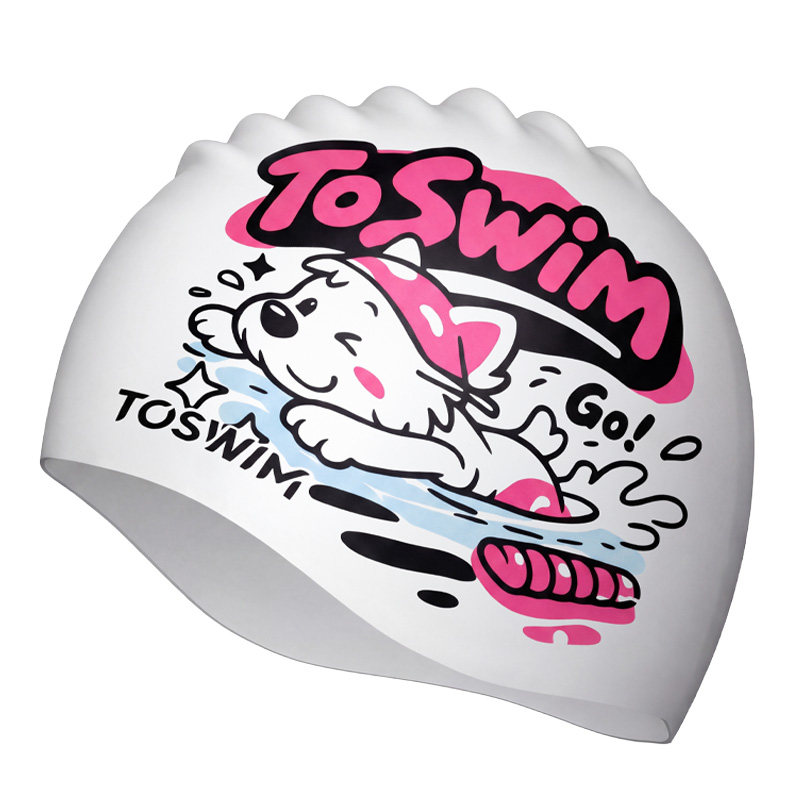 TOSWIM加大游泳帽女防水泳帽护耳高颜值印花硅胶可爱【冲刺小狗】