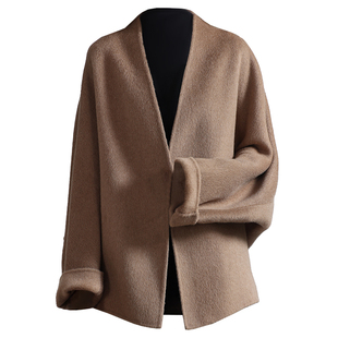 双面骆驼绒大衣女2025秋冬新短款宽松紧蝙蝠袖大版型呢子毛呢外套