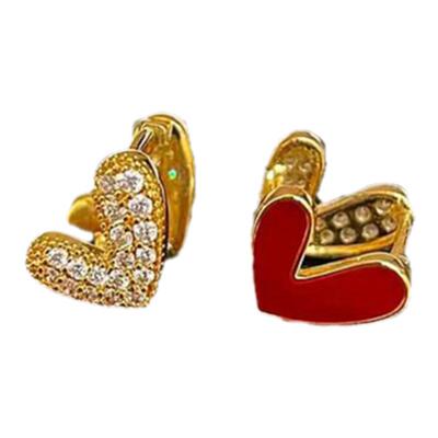 s925银针红色双面爱心满钻耳扣女