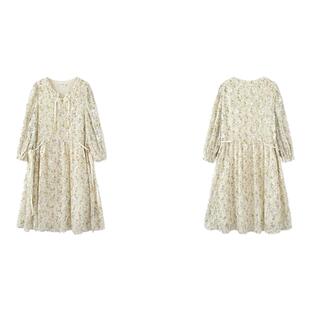 PIT复古V领长袖碎花连衣裙2025春季新款法式仙女风慵懒显瘦长裙