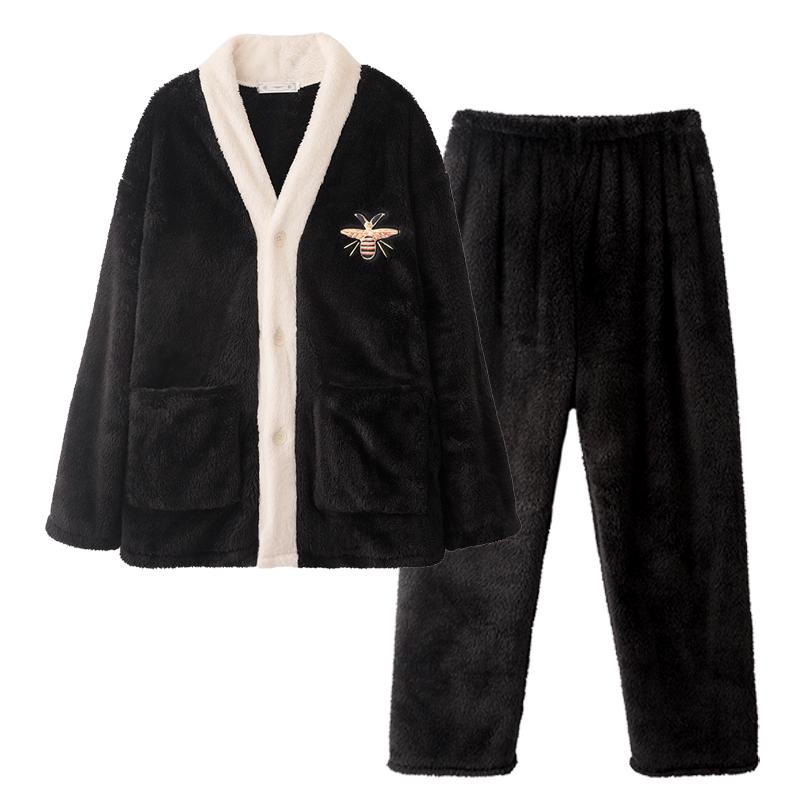 睡衣女秋冬款2024新款珊瑚绒黑色毛毛可外穿加厚大码胖mm家居服