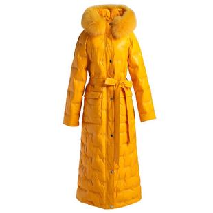 黄色亮面零压羽绒服女高级感气质连帽修身毛领白鸭绒长款过膝6155