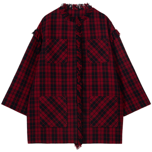 林乔芝2025年冬季新款经典红黑格子羊毛大衣女气质香风外套