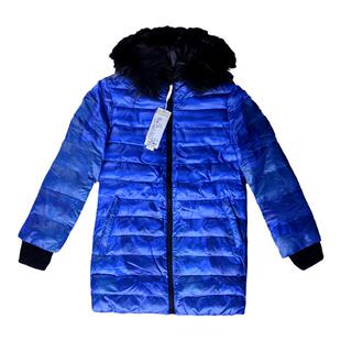 (捡漏XL2XL)华艺嘉年2025冬季羽绒棉中长棉衣蓝色连帽印花尾货