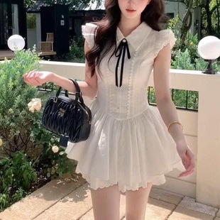 高档Polo领腰设计纯色白色短裙 初恋女学院连衣裙夏季 温柔 风格