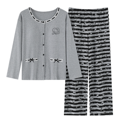 带胸垫睡衣女款春秋季纯棉圆领开衫长袖条纹卡通HelloKitty家居服