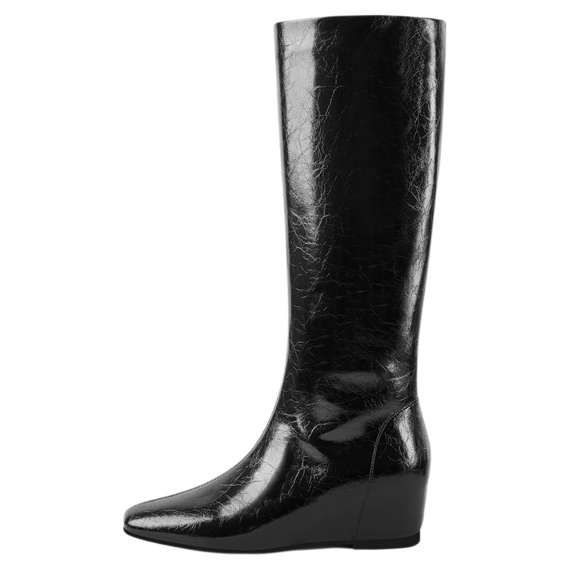 星期六欧美时装靴女2025秋冬方头内增高不过膝长靴绝美坡跟高筒靴