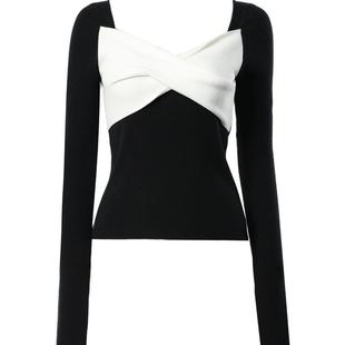 DPLAY2025秋季黑色毛衣熊猫色针织衫方领打底衫内搭女蝴蝶结上衣