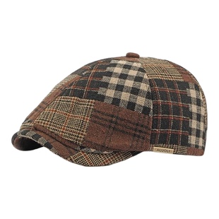 高端品牌八角帽男士春秋季复古做旧拼接格纹前进帽潮流文艺鸭舌帽