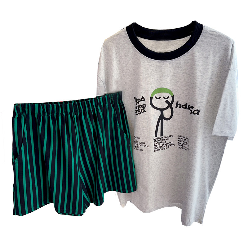 休闲线条人宽松短袖短裤睡衣女夏季韩版圆领卡通可外穿家居服套装