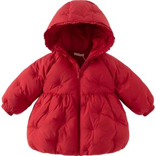 戴维贝拉红色羽绒服女童冬季加厚儿童中长款外套女孩新年拜年服