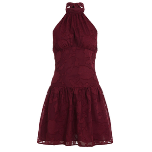 ROCKMORE【优雅派对】肌理感提花挂脖连衣裙女 红色露背吊带A字裙