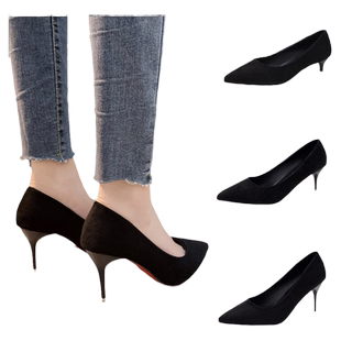 3cm低跟高跟鞋子女大码41一43黑色细跟5职业工作皮33小码尖头单鞋