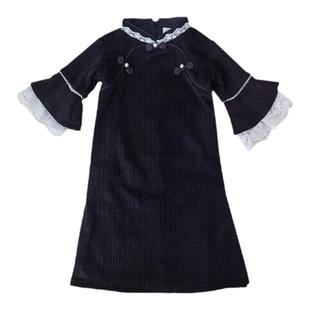 儿童旗袍秋冬款中国风礼服女童汉服民国风黑色连衣裙长款古风童装