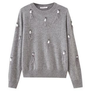 水云间灰色纯羊毛针织衫女亮片钉珠宽松毛衣套头叠穿上衣2025秋冬