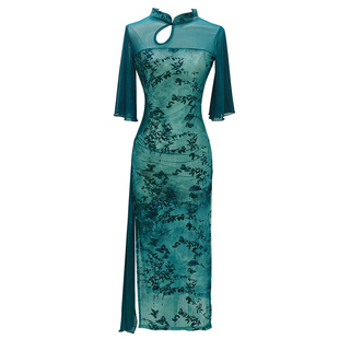 舞蹈服古典舞改良旗袍裙印花网纱跳舞专用弹力旗袍中国舞蹈演出服