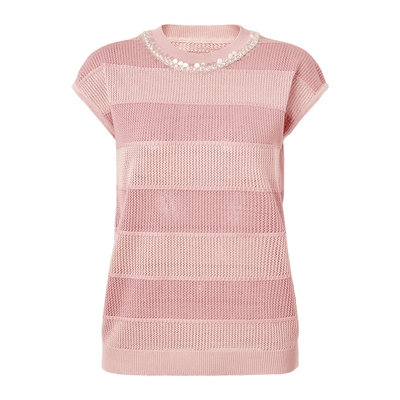 马天奴条纹钉珠圆领短袖针织衫