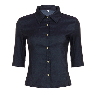 WEEKEEP 美式辣妹翻领排扣仿牛仔衬衫百搭修身收腰显瘦中袖上衣