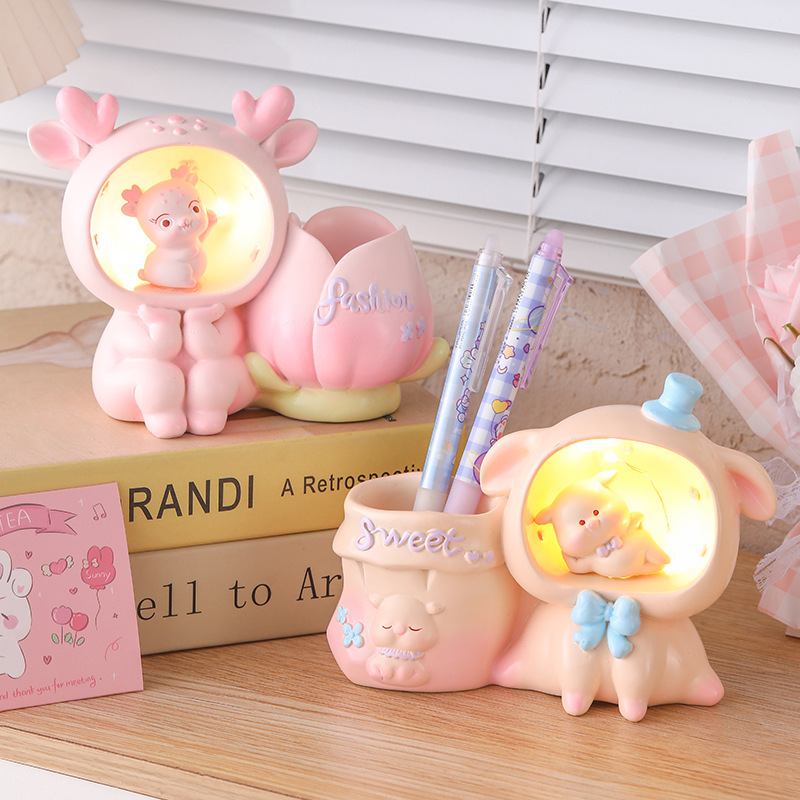 可爱小鹿笔筒小夜灯多功能儿童桌面装饰节日礼品卧室创意收纳摆件
