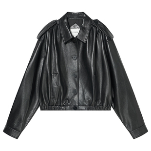 COVERINS黑色皮衣女真皮绵羊皮短款宽松外套机车风CC35309030