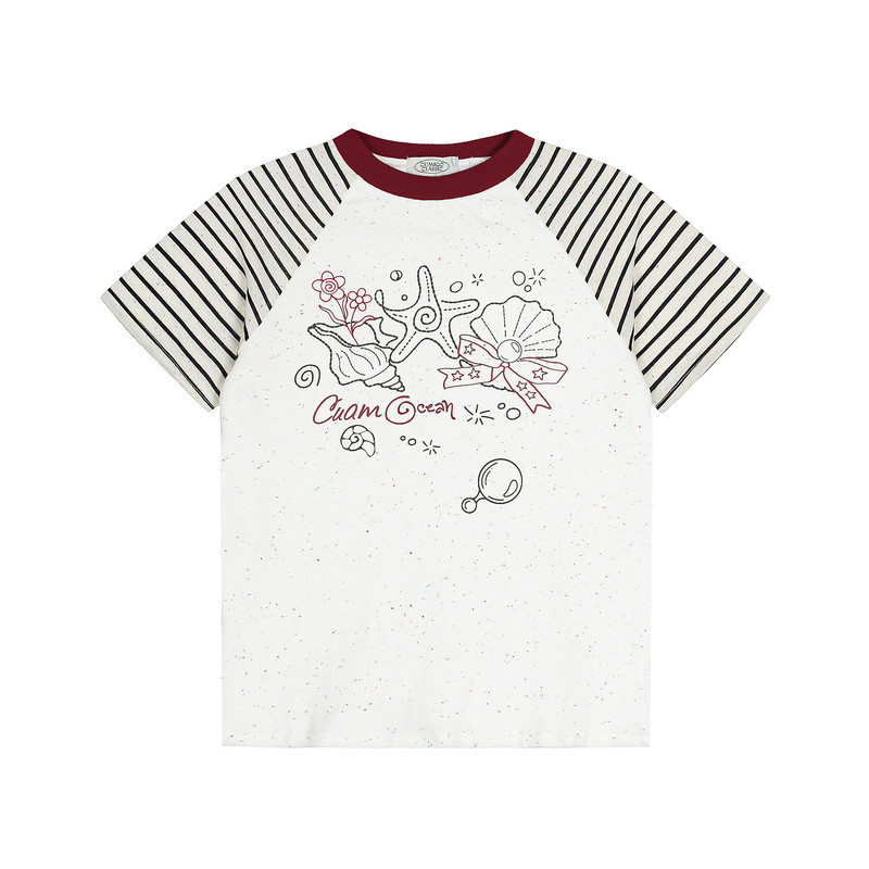 美式条纹撞色贝壳短袖