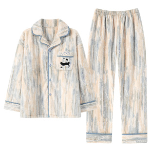 芬腾可安秋冬款睡衣男士冬季加厚珊瑚绒法兰绒大码男生家居服加绒