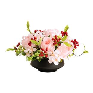 轻奢会议酒店圆桌转盘花中间摆花餐厅仿真高档花桌花摆件插花玫瑰