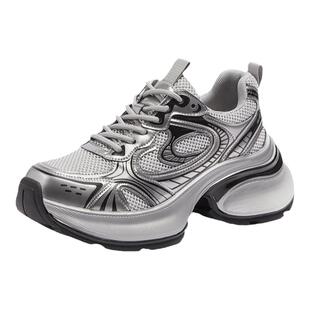 骆驼女鞋2026春季新款厚底加绒增高休闲银色爆款运动老爹鞋女款