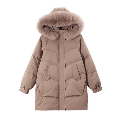 鸭鸭中长款狐狸毛领妈妈装羽绒服