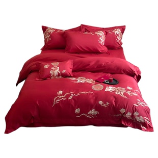 锦鲤有喜国风喜庆婚礼四件套全棉长绒棉红色结婚被套2米纯棉床单