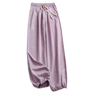 纯色薄款松紧腰抽皱收口裤脚宽松阔腿裤凉感透气防晒女休闲裤Z352