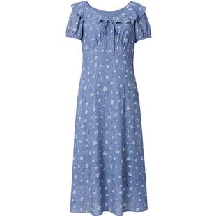 红袖2025夏季新款女装正肩泡泡袖收腰V领套头仿牛仔碎花连衣裙