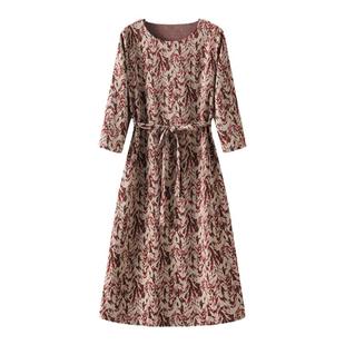 M2女装春秋新款宽松大码中年妈妈印花收腰显瘦七分袖连衣裙