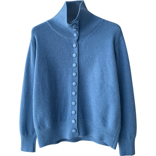 韩国东大门包扣翻立领软糯毛衣外套女秋冬松驰感休闲百搭针织开衫