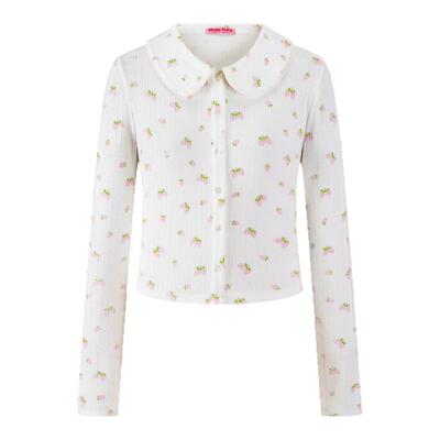 草莓满印碎花长袖圆领开衫外套