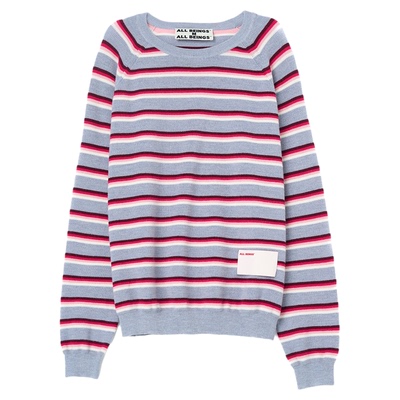 ALL BEINGS2025AW秋冬新款粉灰撞色条纹针织打底衫套头圆领毛衣女