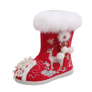 国风汉服鞋女童加绒汉服棉鞋冬季儿童绣花鞋古风鞋子宝宝大棉靴子