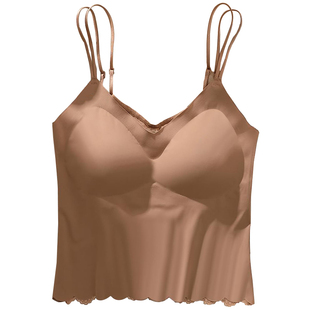 吊带背心女大码胖mm带胸垫一体冰丝内搭性感蕾丝薄款打底美背内衣