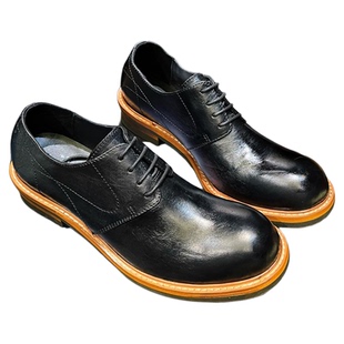 纯牛皮英伦风低帮真皮圆头工装鞋复古休闲黑色翘头德比小皮鞋男款