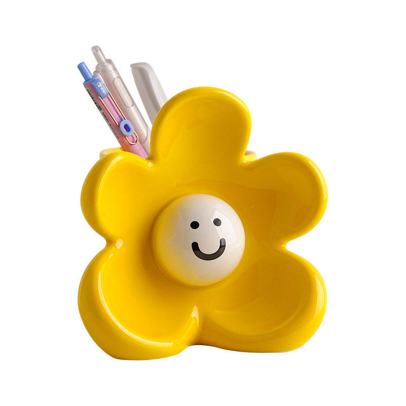 可爱风花朵笑脸陶瓷笔筒摆件桌面