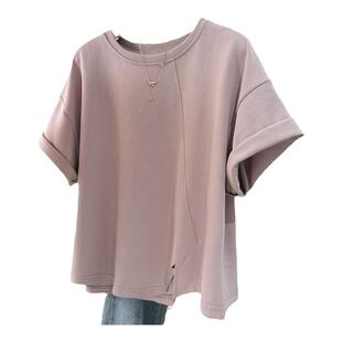 简约纯色短袖T恤女夏装2026新款宽松显瘦不规则开叉半袖上衣体恤
