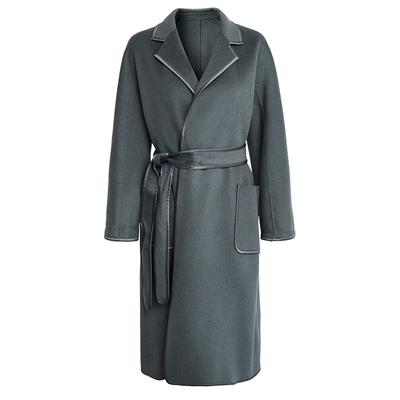 马天奴灰色长款翻领羊毛呢大衣