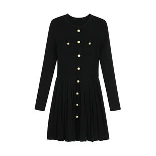 MULVAN 【现货8折】夜宴千金 小香风黑色针织连衣裙女气质百褶裙