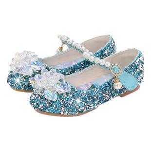 女童公主鞋2026新款配裙子爱莎水晶软底珍珠小女孩艾莎儿童鞋子闪