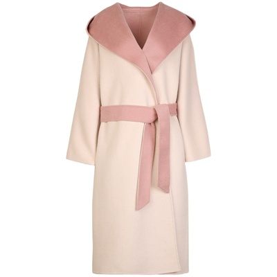 粉色羊毛长款连帽系带双面呢大衣