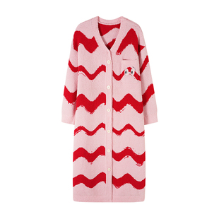 睡裙女半边绒柔软冬天暖和宽松遮肚简约条纹中长款家居服开衫睡衣