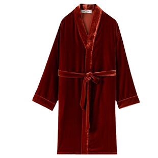 美标长袖睡袍女金丝绒两件套带胸垫睡裙真丝里料睡衣秋冬款家居服