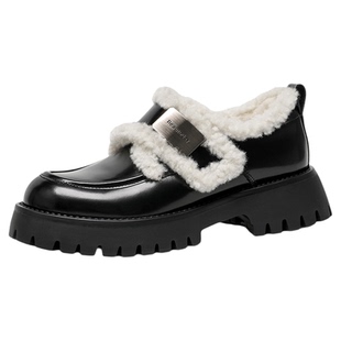 BeauToday加绒乐福鞋女2025新款冬季英伦风小皮鞋黑色厚底毛毛鞋