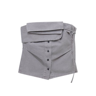 【现货5折】WMWM 叠褶抹胸上衣+解构微喇直筒牛仔长裤 DOUBLEBOO